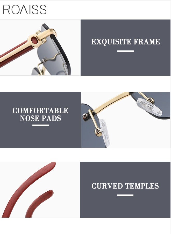 Women's Rectangular Rimless Sunglasses, UV400 Protection Sun Glasses with Wooden Texture Temples and Grey Lens, Fashion Anti-glare Sun Shades for Women with Glasses Case, 53mm