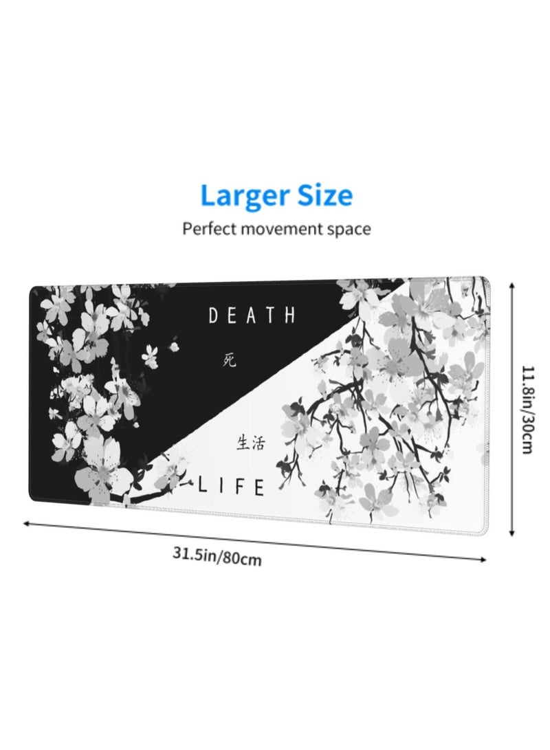 Gaming Mouse Pad Black and White Cherry Blossom, Stitched Edges Mousepad, Art Gaming Mouse Pad, Extended Large Mouse Mat Desk Pad, Long Non-Slip Rubber Base Mice Pad