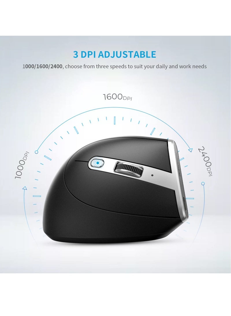 Ergonomic Mouse, Wireless Vertical Rechargeable Optical Mice, 6 Button Mouse with USB Receiver, Silent Adjustable DPI 1000/1600/2400, Compatible Windows and MAC OS