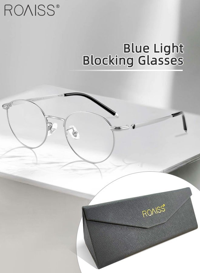 Blue Light Blocking Glasses Blue Light Filter Computer Reading Gaming TV Phones Round Eyeglasses with Titanium Frame Fashion Anti Eyestrain Headache Eyewear for Men Women Silver 50mm