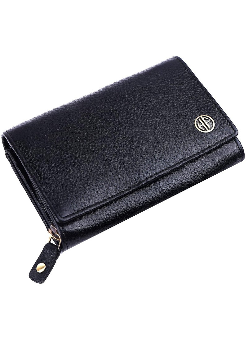 Wallet for Women - Black Leather Purse for Women with RFID Protection, 8 Card Slots, and 5 Compartments - Ladies Wallet with Button Closure - Women's Wallet for Daily Use
