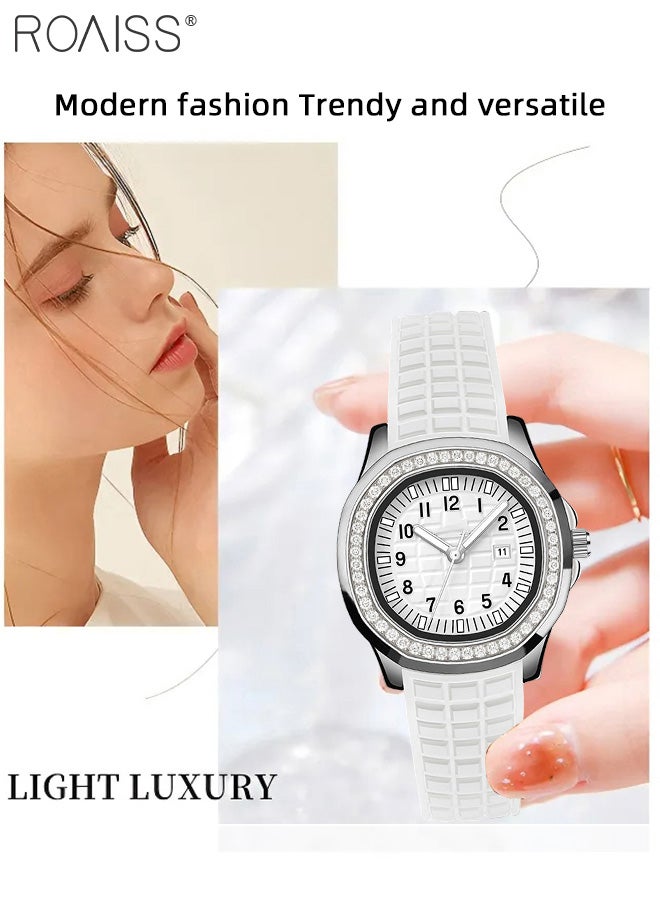 Women's Silicone Strap Quartz Watch, Analog Display Round Dial with Rhinestones Decorated Bezel, Waterproof Fashion Simple Wristwatch as Gift for Ladies