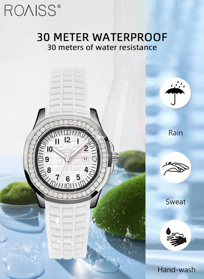 Women's Silicone Strap Quartz Watch, Analog Display Round Dial with Rhinestones Decorated Bezel, Waterproof Fashion Simple Wristwatch as Gift for Ladies