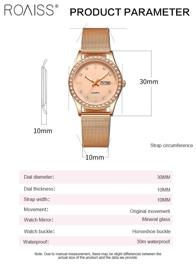 Women's Steel Mesh Strap Quartz Watch, Analog Display Round Dial with Dual Calendar, Luminous Waterproof Luxurious Wristwatch as Gift for Ladies