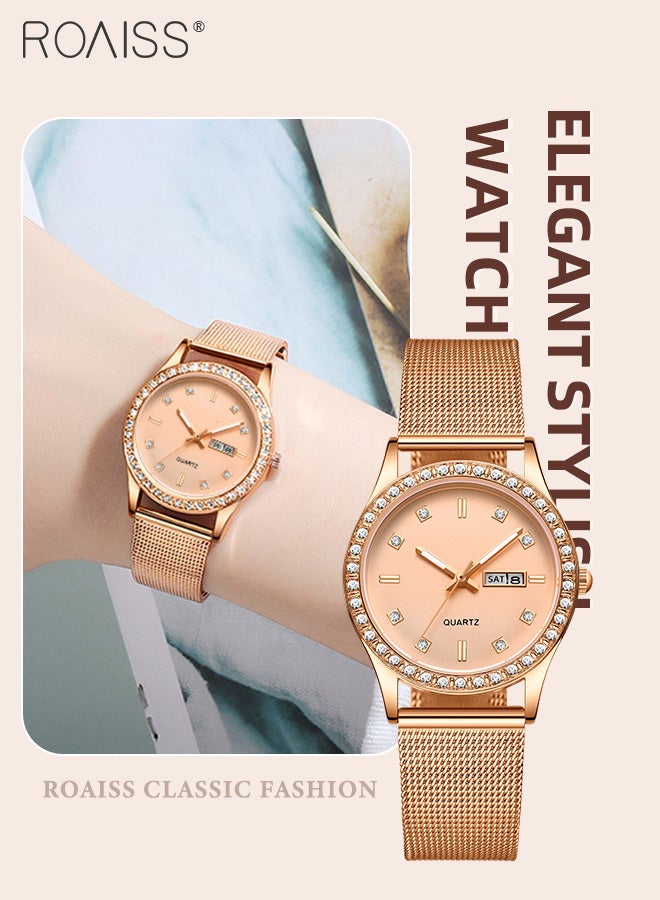 Women's Steel Mesh Strap Quartz Watch, Analog Display Round Dial with Dual Calendar, Luminous Waterproof Luxurious Wristwatch as Gift for Ladies