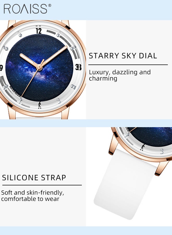 Silicone Strap Quartz Watches for Women, Analog Display Round Starry Sky Dial, Waterproof Luminous Simple WristWatch as Gift for Ladies