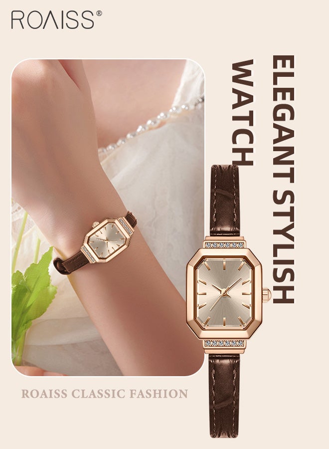 Women's Leather Strap Quartz Watch, Analog Display Octagonal Dial Decorated with Rhinestones, Waterproof Simple Elegant Wristwatch as Gift for Ladies