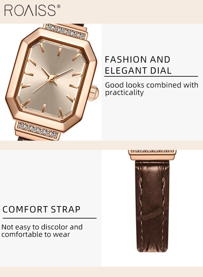 Women's Leather Strap Quartz Watch, Analog Display Octagonal Dial Decorated with Rhinestones, Waterproof Simple Elegant Wristwatch as Gift for Ladies