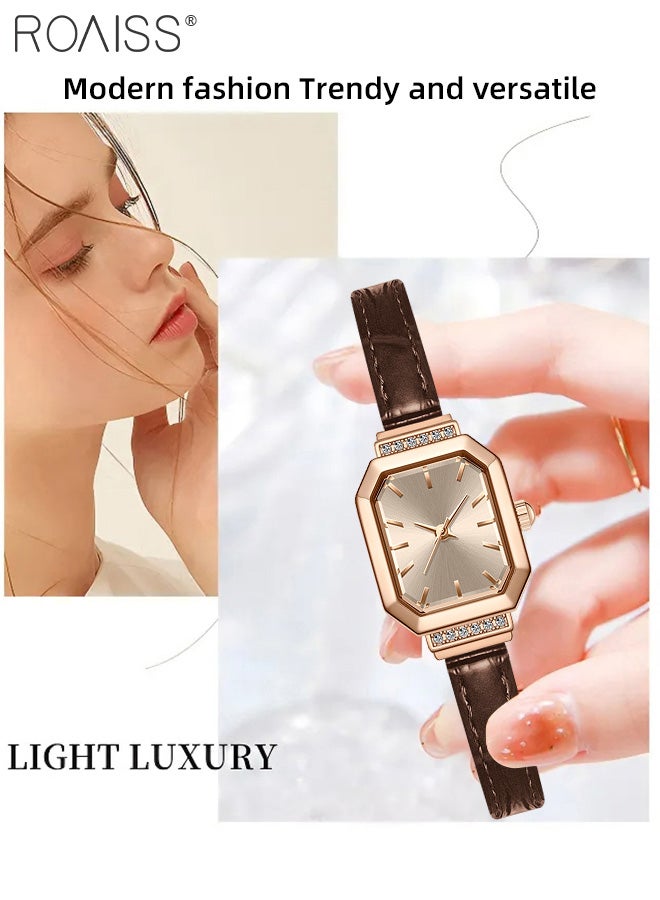 Women's Leather Strap Quartz Watch, Analog Display Octagonal Dial Decorated with Rhinestones, Waterproof Simple Elegant Wristwatch as Gift for Ladies