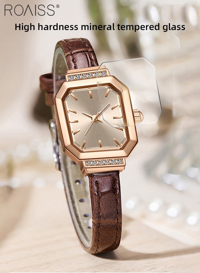 Women's Leather Strap Quartz Watch, Analog Display Octagonal Dial Decorated with Rhinestones, Waterproof Simple Elegant Wristwatch as Gift for Ladies