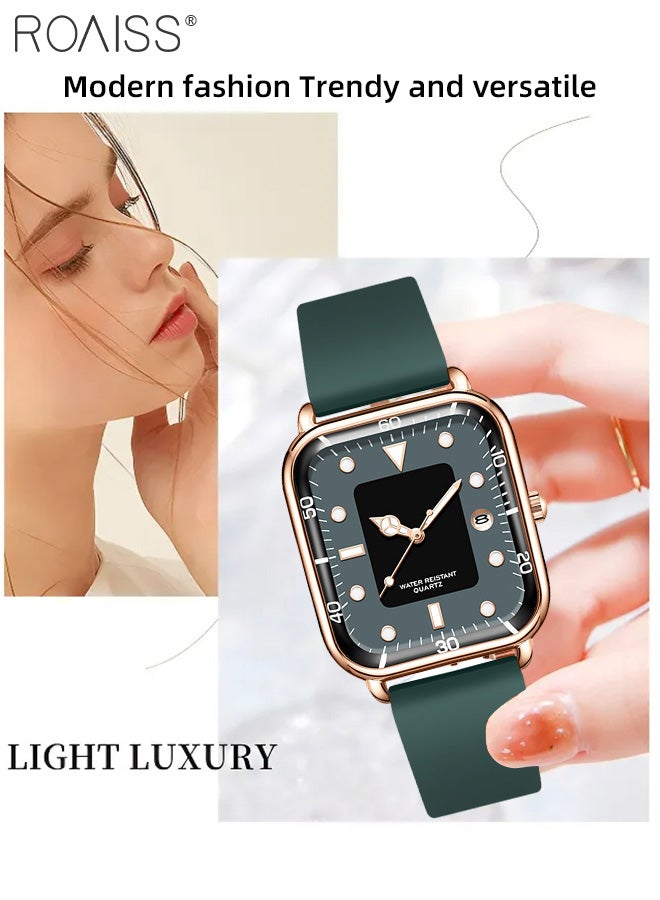 Women's Silicone Strap Quartz Watch, Analog Display Rectangle Dial with Calendar, Luminous Waterproof Luxurious Wristwatch as Gift for Ladies