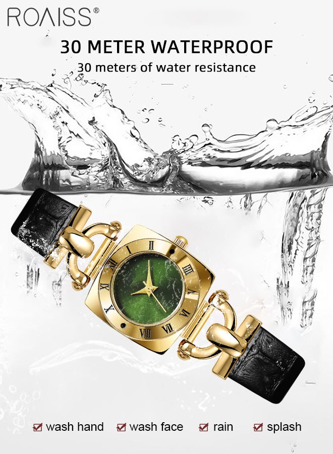 Women's Leather Strap Quartz Watch, Analog Display Square Green Dial, Fashionable Retro Waterproof Simple Wristwatch as Gift for Ladies