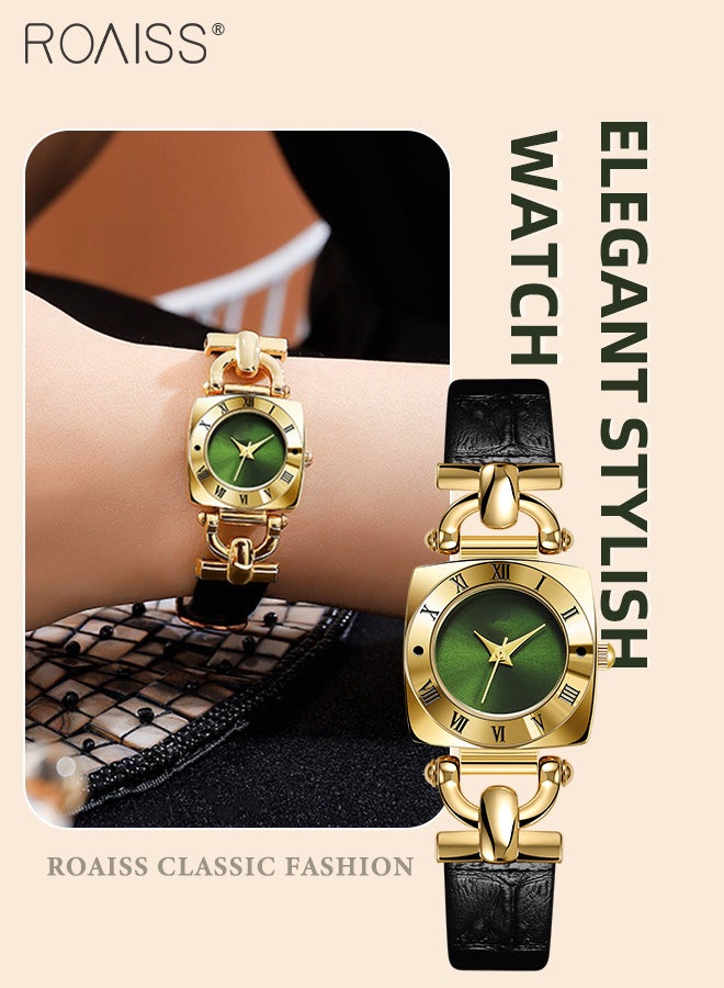 Women's Leather Strap Quartz Watch, Analog Display Square Green Dial, Fashionable Retro Waterproof Simple Wristwatch as Gift for Ladies