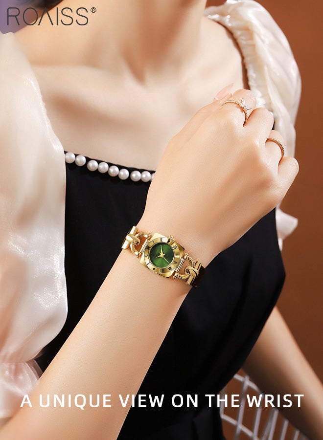 Women's Leather Strap Quartz Watch, Analog Display Square Green Dial, Fashionable Retro Waterproof Simple Wristwatch as Gift for Ladies