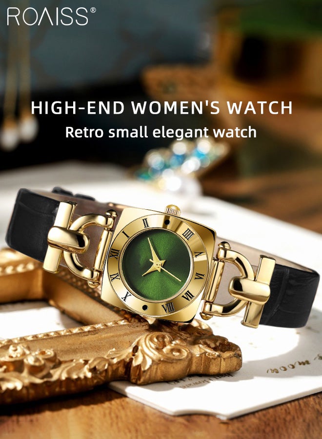 Women's Leather Strap Quartz Watch, Analog Display Square Green Dial, Fashionable Retro Waterproof Simple Wristwatch as Gift for Ladies