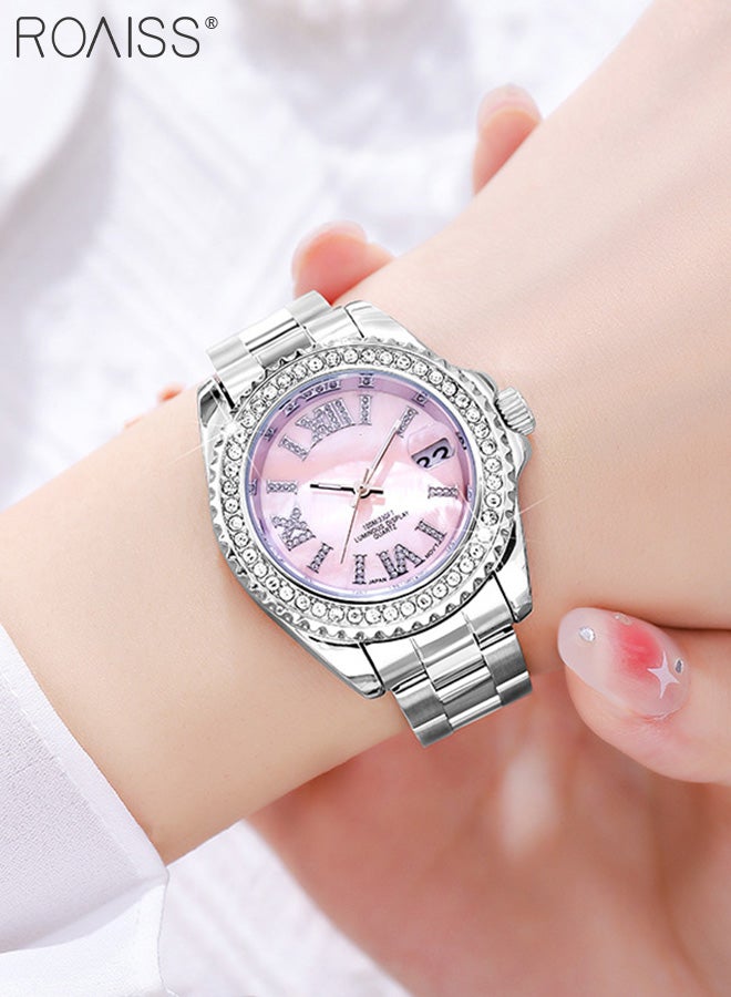 Women's Steel Band Quartz Watch, Analog Display Round Pearl Seashell Texture Dial with Diamonds Decoration, Waterproof High-end Wristwatch as Gift for Ladies