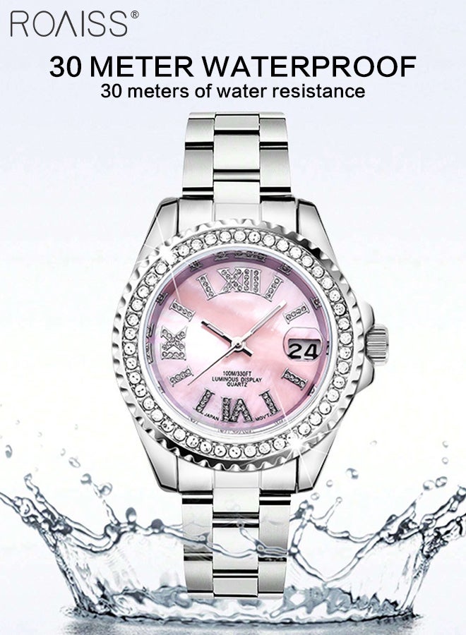 Women's Steel Band Quartz Watch, Analog Display Round Pearl Seashell Texture Dial with Diamonds Decoration, Waterproof High-end Wristwatch as Gift for Ladies