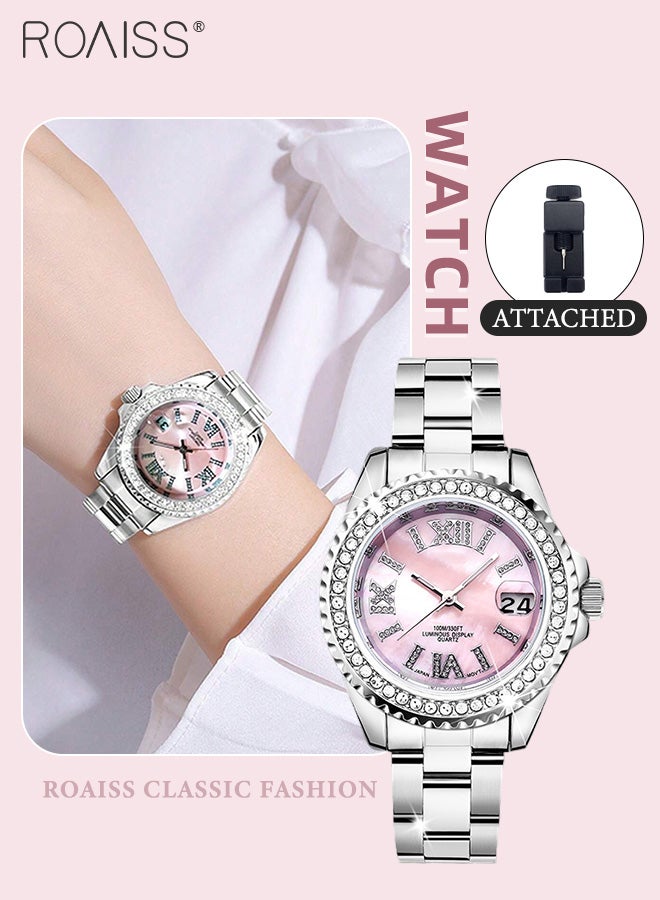 Women's Steel Band Quartz Watch, Analog Display Round Pearl Seashell Texture Dial with Diamonds Decoration, Waterproof High-end Wristwatch as Gift for Ladies