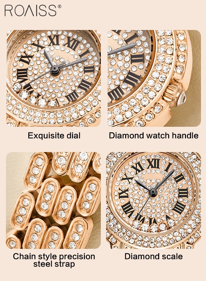 Women's Steel Band Quartz Watch, Analog Display Round Dial with Zirconium Diamonds Decoration, Waterproof Luxurious Wristwatch as Gift for Ladies