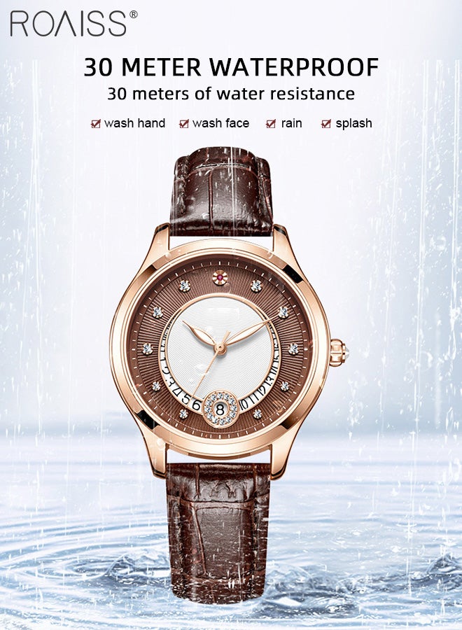 Leather Strap Mechanical Watch for Women, Analog Display Round Hollow Dial, Waterproof Luminous Wristwatch with Calendar as Gift for Ladies