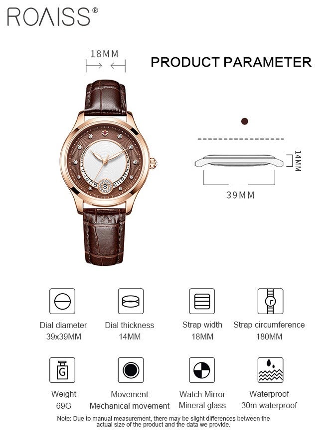 Leather Strap Mechanical Watch for Women, Analog Display Round Hollow Dial, Waterproof Luminous Wristwatch with Calendar as Gift for Ladies