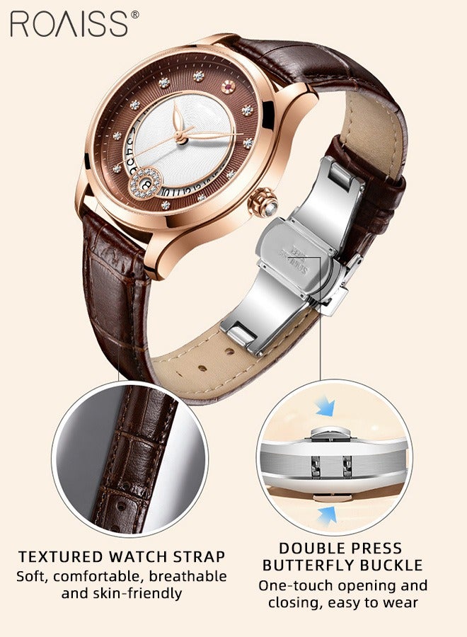 Leather Strap Mechanical Watch for Women, Analog Display Round Hollow Dial, Waterproof Luminous Wristwatch with Calendar as Gift for Ladies