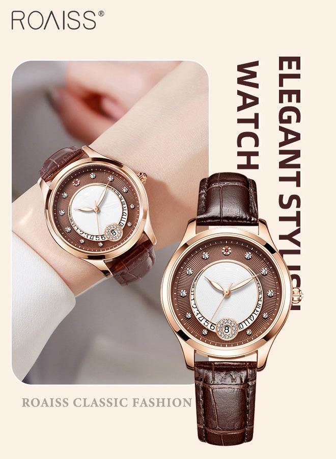 Leather Strap Mechanical Watch for Women, Analog Display Round Hollow Dial, Waterproof Luminous Wristwatch with Calendar as Gift for Ladies