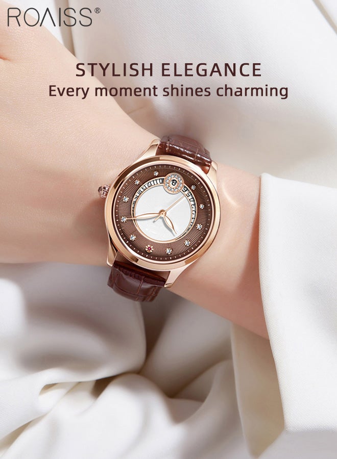 Leather Strap Mechanical Watch for Women, Analog Display Round Hollow Dial, Waterproof Luminous Wristwatch with Calendar as Gift for Ladies