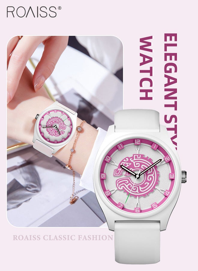 Women's Silicone Strap Quartz Watch, Analog Display Round Dragon Pattern Dial, Luminous Waterproof Fashion Wristwatch as Gift for Ladies