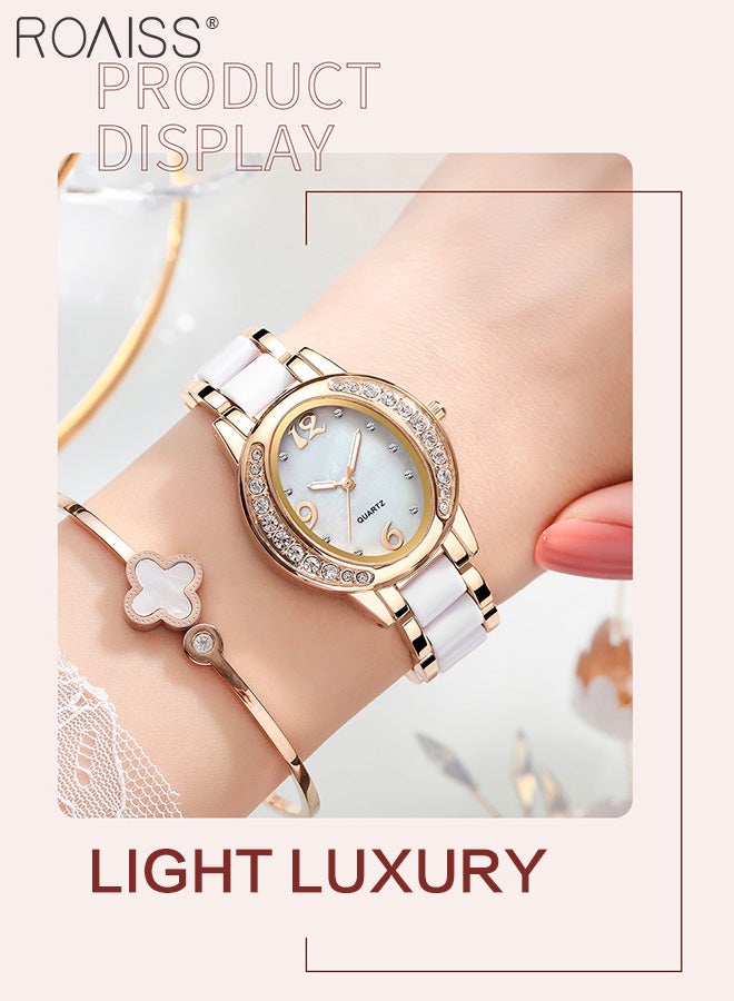 2PCS Women's Stainless Steel Strap Bracelet Watch Set Analog Display Oval Dial Quartz Watch with Diamond-Set Bezel and Stylish Bracelet Elegant Watch Set as Gift for Ladies