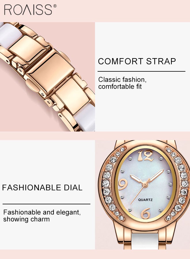 2PCS Women's Stainless Steel Strap Bracelet Watch Set Analog Display Oval Dial Quartz Watch with Diamond-Set Bezel and Stylish Bracelet Elegant Watch Set as Gift for Ladies