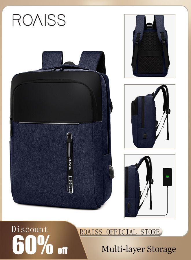 Multifunction Waterproof Backpack with USB Port Colorblock Waterproof Oxford School Bag for Men Work Travel Flight Business Commuter 15.6