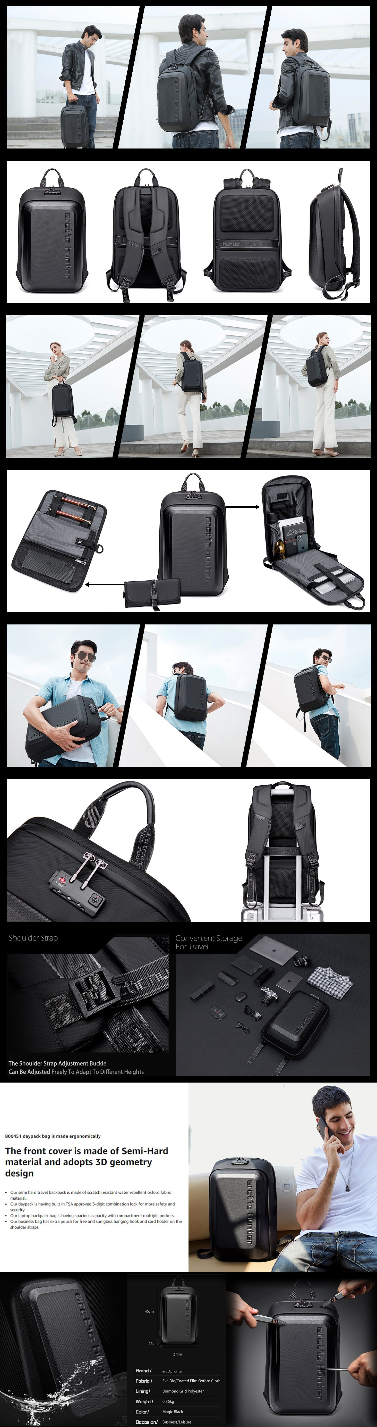 Anti Theft Business Travel Laptop Backpack Waterproof School Bag with TSA Locker B00451 Black