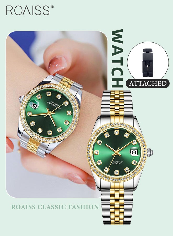 Women's Steel Band Mechanical Watch, Analog Display Round Dial with Diamond Decoration, Waterproof Luxurious Wristwatch with Calendar as Gift for Women