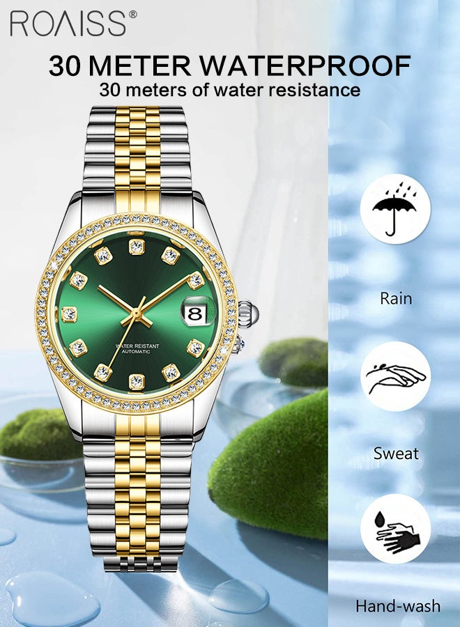 Women's Steel Band Mechanical Watch, Analog Display Round Dial with Diamond Decoration, Waterproof Luxurious Wristwatch with Calendar as Gift for Women