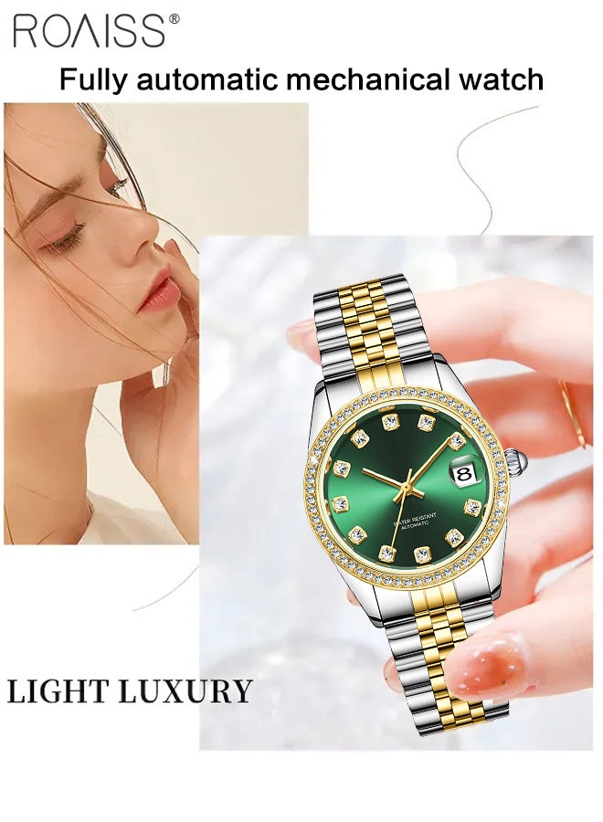 Women's Steel Band Mechanical Watch, Analog Display Round Dial with Diamond Decoration, Waterproof Luxurious Wristwatch with Calendar as Gift for Women