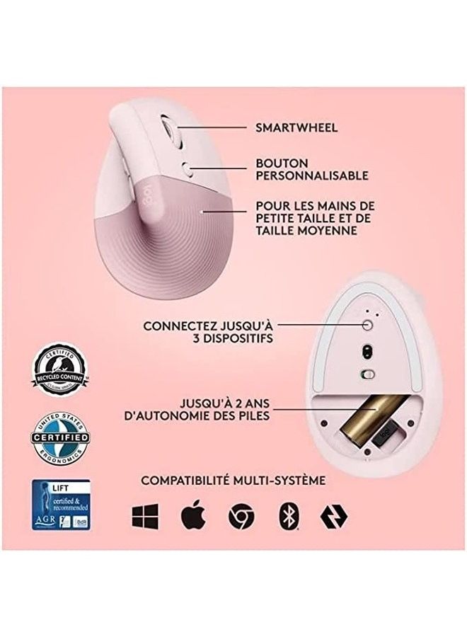 Lift Vertical Ergonomic Mouse, Logi Bolt USB Receiver, 4000 DPI Sensitivity, Multi-OS Compatibility, 10m Range, 2 Year Battery Life, Quiet Clicks & Smartwheel, 910-006478 Pink