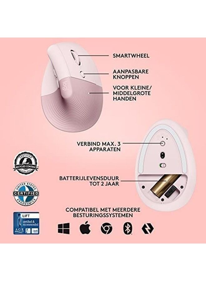 Lift Vertical Ergonomic Mouse, Logi Bolt USB Receiver, 4000 DPI Sensitivity, Multi-OS Compatibility, 10m Range, 2 Year Battery Life, Quiet Clicks & Smartwheel, 910-006478 Pink