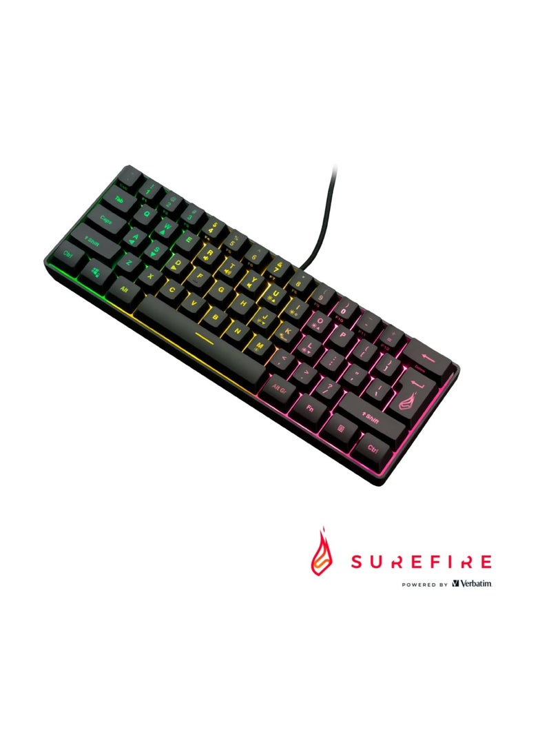 Surefire Kingpin X1 60% Gaming Keyboard, US English, Gaming Multimedia Keyboard, Small & Mobile, RGB Keyboard with Lighting, 25 Anti-Ghosting Keys, American Layout QWERTY