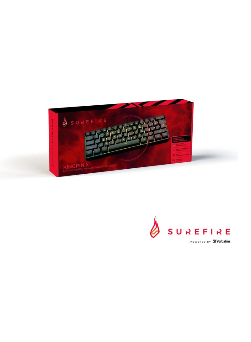 Surefire Kingpin X1 60% Gaming Keyboard, US English, Gaming Multimedia Keyboard, Small & Mobile, RGB Keyboard with Lighting, 25 Anti-Ghosting Keys, American Layout QWERTY