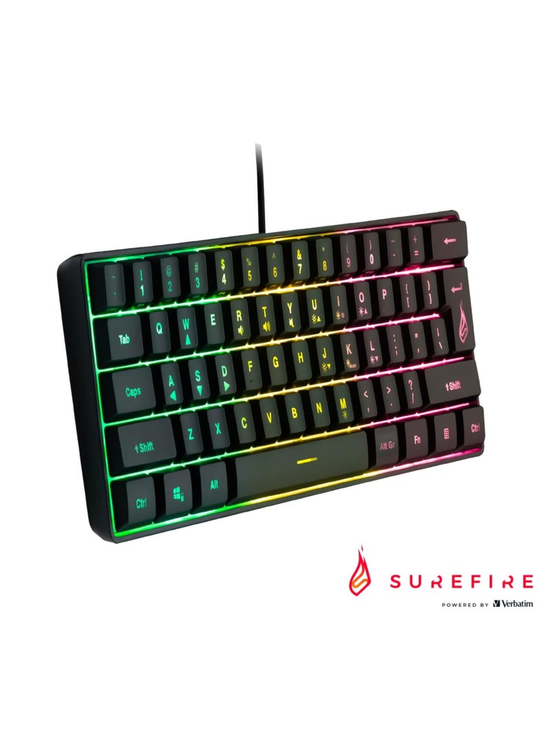 Surefire Kingpin X1 60% Gaming Keyboard, US English, Gaming Multimedia Keyboard, Small & Mobile, RGB Keyboard with Lighting, 25 Anti-Ghosting Keys, American Layout QWERTY