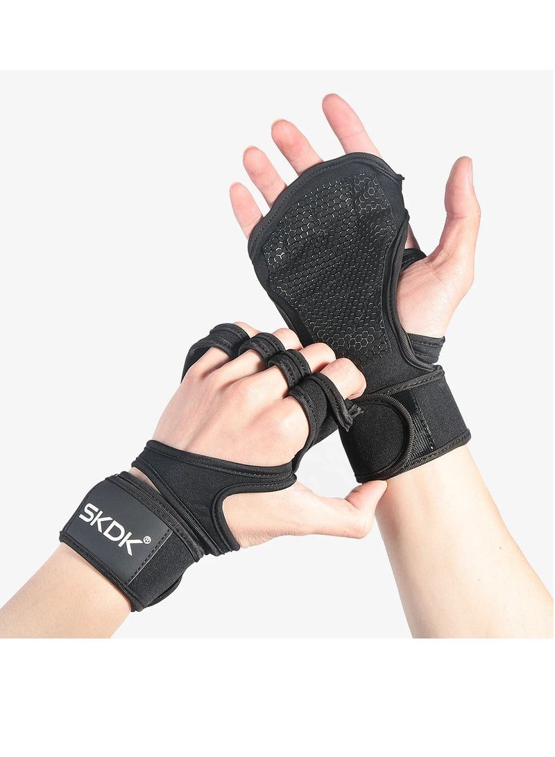 Weight Lifting Gloves, Strong Impact Resistance Weight Lifting Fitness Gloves With Wrist Wraps, Silicone Gel Full Palm Protection Gym Workout Gloves For Men, (Size L, Black)