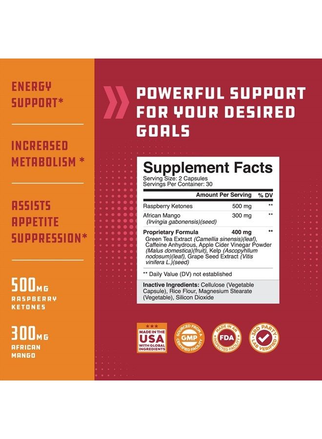 Blend of Raspberry Ketones, Green Tea Extract and African Mango – Lose Weight Faster – Potent Ingredients to Speed Up Weight Loss, Suppress Appetite & Burn Fat – 60 Capsules