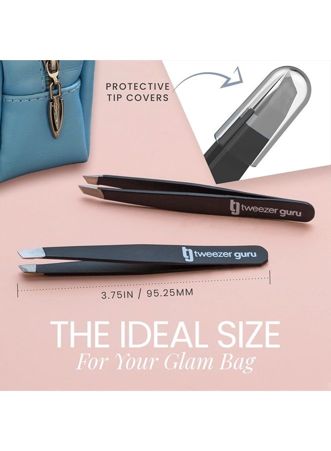 Tweezer Guru Tweezers for Women - Slant Pointed Precision Tweezers for Eyebrows & Ingrown Hair Removal - Blackhead and Splinter Tweezer with Sharp Needle Nose Point for Plucking (Black)