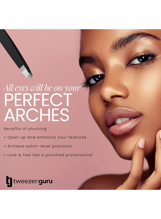 Tweezer Guru Tweezers for Women - Slant Pointed Precision Tweezers for Eyebrows & Ingrown Hair Removal - Blackhead and Splinter Tweezer with Sharp Needle Nose Point for Plucking (Black)