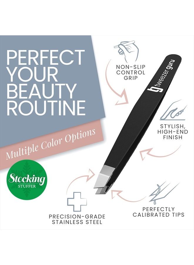 Tweezer Guru Tweezers for Women - Slant Pointed Precision Tweezers for Eyebrows & Ingrown Hair Removal - Blackhead and Splinter Tweezer with Sharp Needle Nose Point for Plucking (Black)