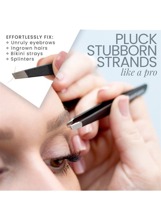 Tweezer Guru Tweezers for Women - Slant Pointed Precision Tweezers for Eyebrows & Ingrown Hair Removal - Blackhead and Splinter Tweezer with Sharp Needle Nose Point for Plucking (Black)