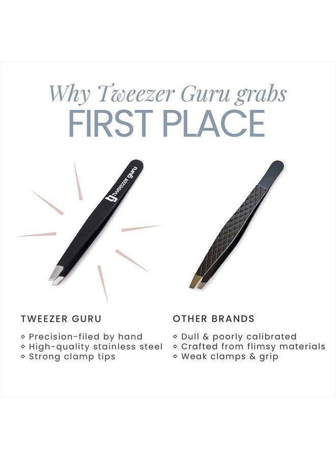 Tweezer Guru Tweezers for Women - Slant Pointed Precision Tweezers for Eyebrows & Ingrown Hair Removal - Blackhead and Splinter Tweezer with Sharp Needle Nose Point for Plucking (Black)