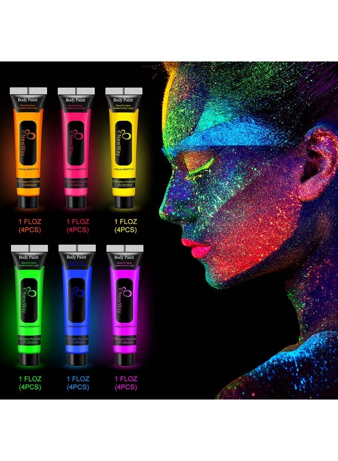 Glow In The Uv Dark Body Paint Luminous Neon Paint 1 Fl.Oz X 24 Pcs In 6 Colors Party Supplies Black Light Paint Water Soluble Uv Light Makeup For Party Cosplay