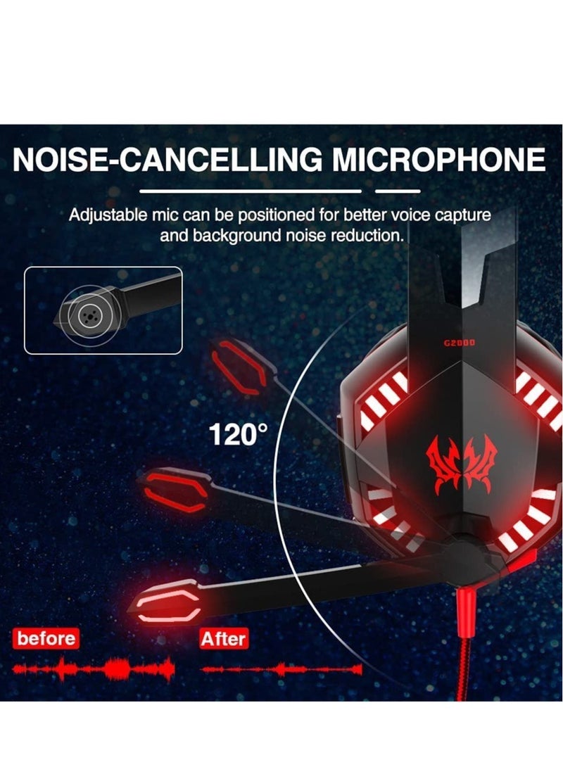 G2000 Gaming Headset, Surround Stereo Gaming Headphones with Noise Cancelling Mic, LED Light & Soft Memory Earmuffs, Works with Xbox One, PS4, Nintendo Switch, PC Mac Computer Games - Red